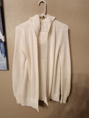 Women’s Cream Open-Front Hooded Rib Knit Sweater